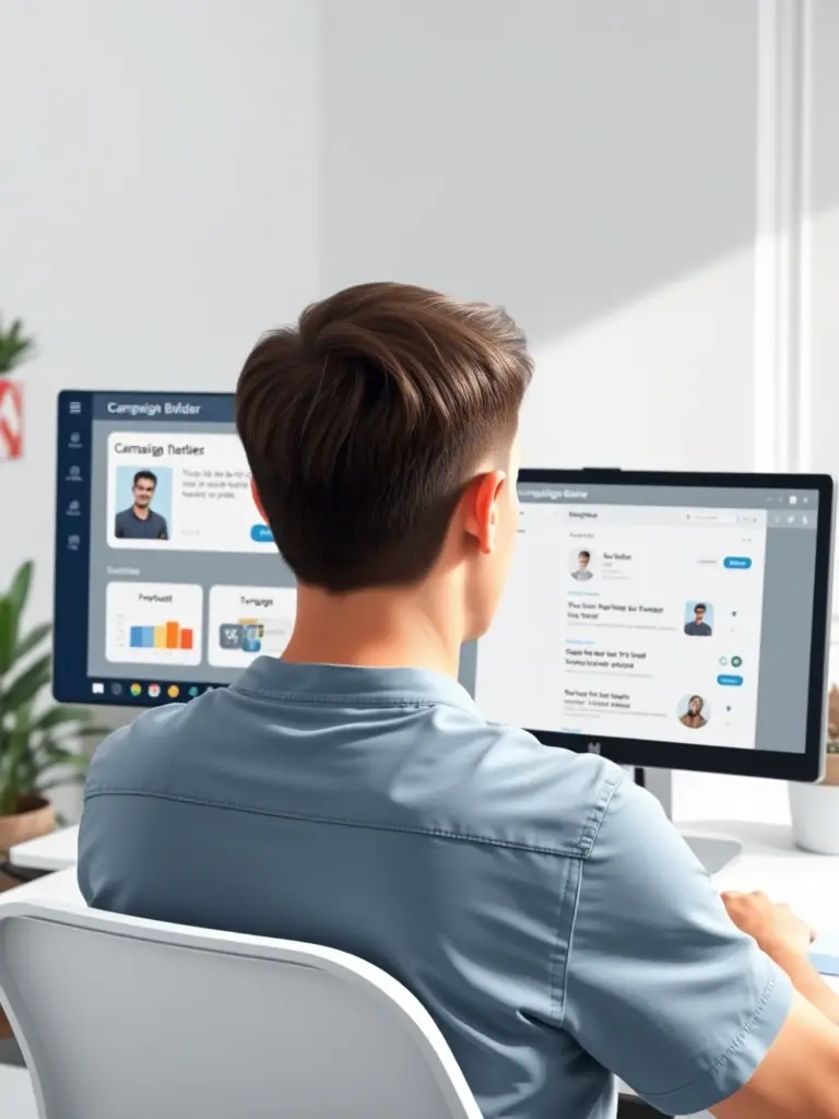A person using itoa's campaign builder interface to create a LinkedIn campaign, showcasing the drag-and-drop functionality and targeting options.