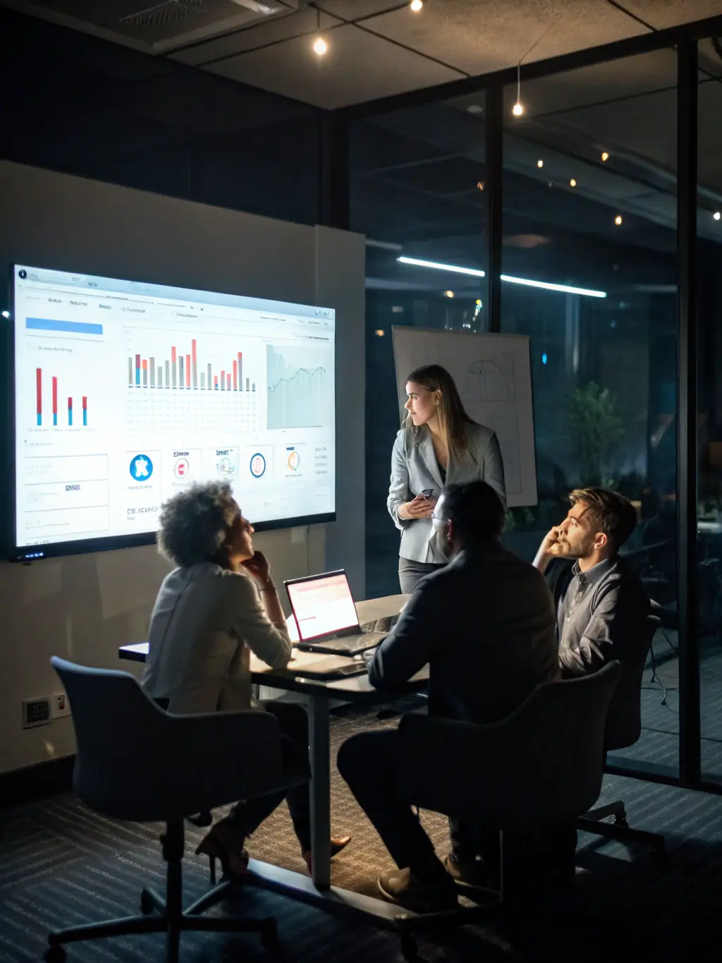 A professional-looking SME marketing team collaborating around a large screen displaying itoa's campaign management dashboard, showcasing a simplified workflow.